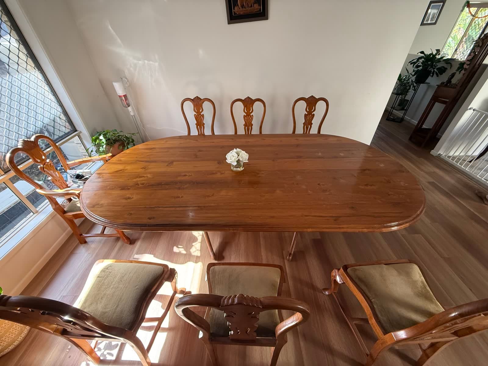 Oval Teak Dining Table and 8 Carved Chairs photo 7